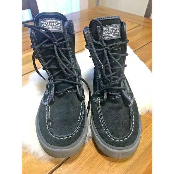 NAUTICA BOYS Youth ANKLE High Top BOOTS BLACK LEATHER LACE UP Boys Size 1 Shoes - Picture 2 of 8